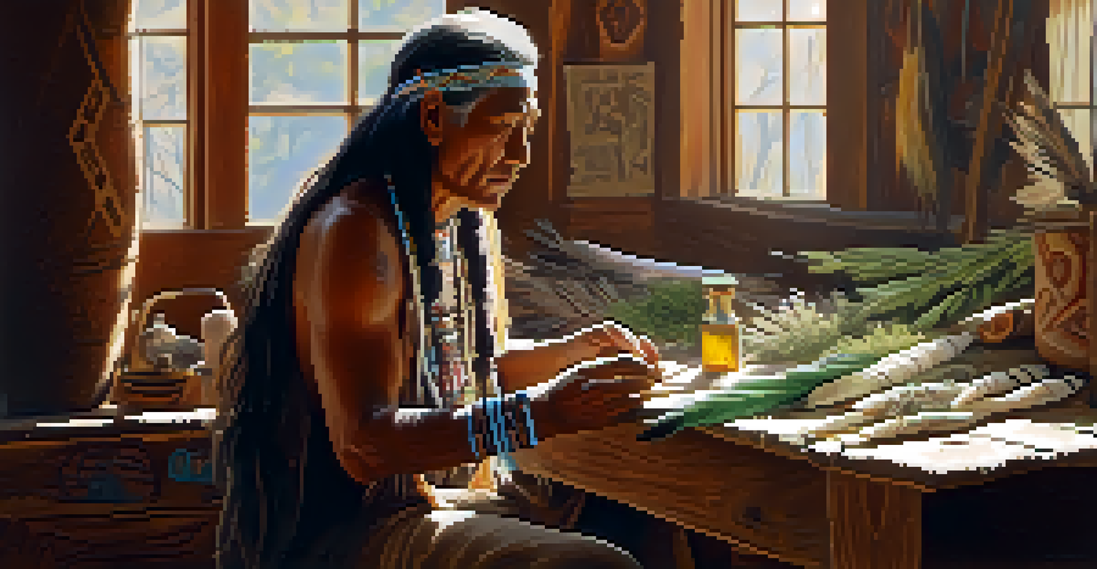 A tribal healer preparing for a peyote ritual, surrounded by natural elements like sage and feathers, in a softly lit room.