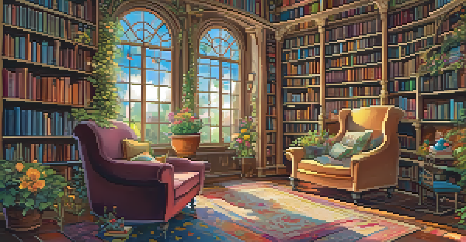 A whimsical library with floating books, twisting vine shelves, and colorful light patterns from stained glass windows.
