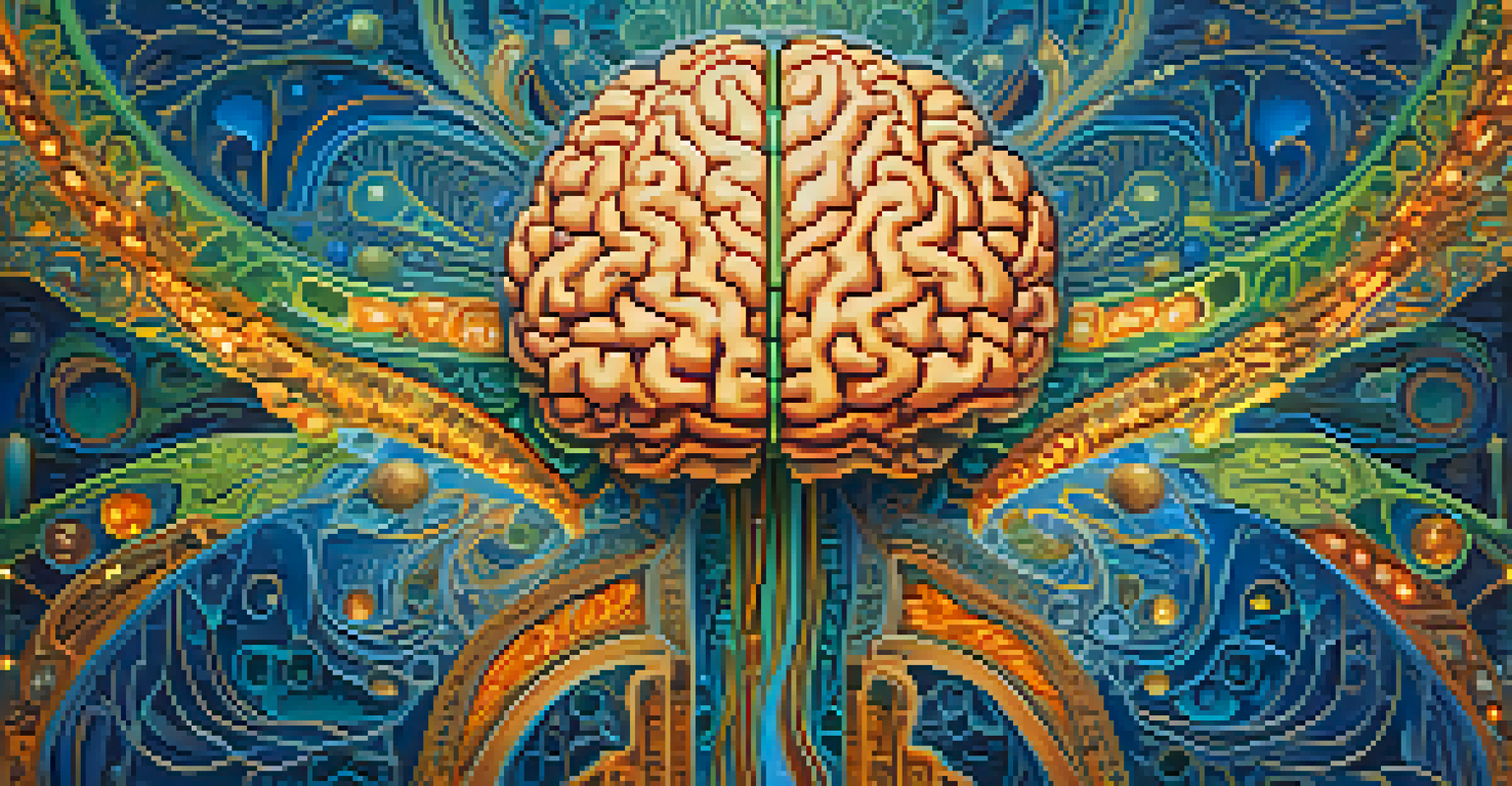 A colorful and intricate representation of a brain, symbolizing neuroplasticity and enhanced connectivity, set against a calming blue and green background.