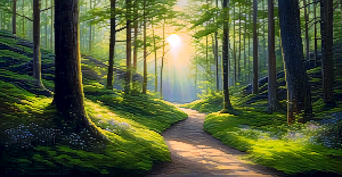 A serene forest pathway at sunset, illuminated by soft golden light with wildflowers and moss.