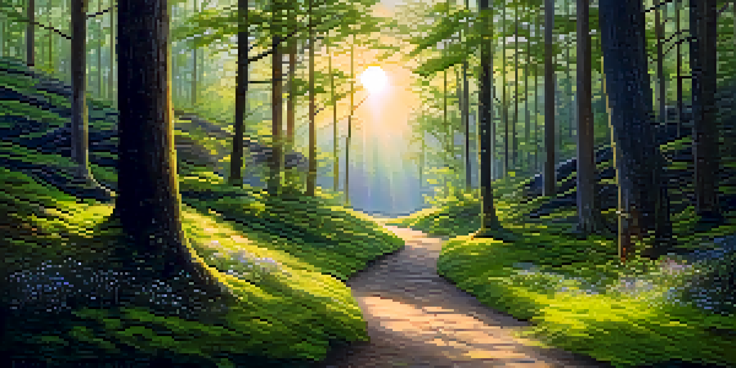 A serene forest pathway at sunset, illuminated by soft golden light with wildflowers and moss.
