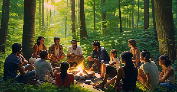 A group of diverse people sitting in a circle around a fire in a forest, sharing stories and intentions, with sunlight filtering through the trees.