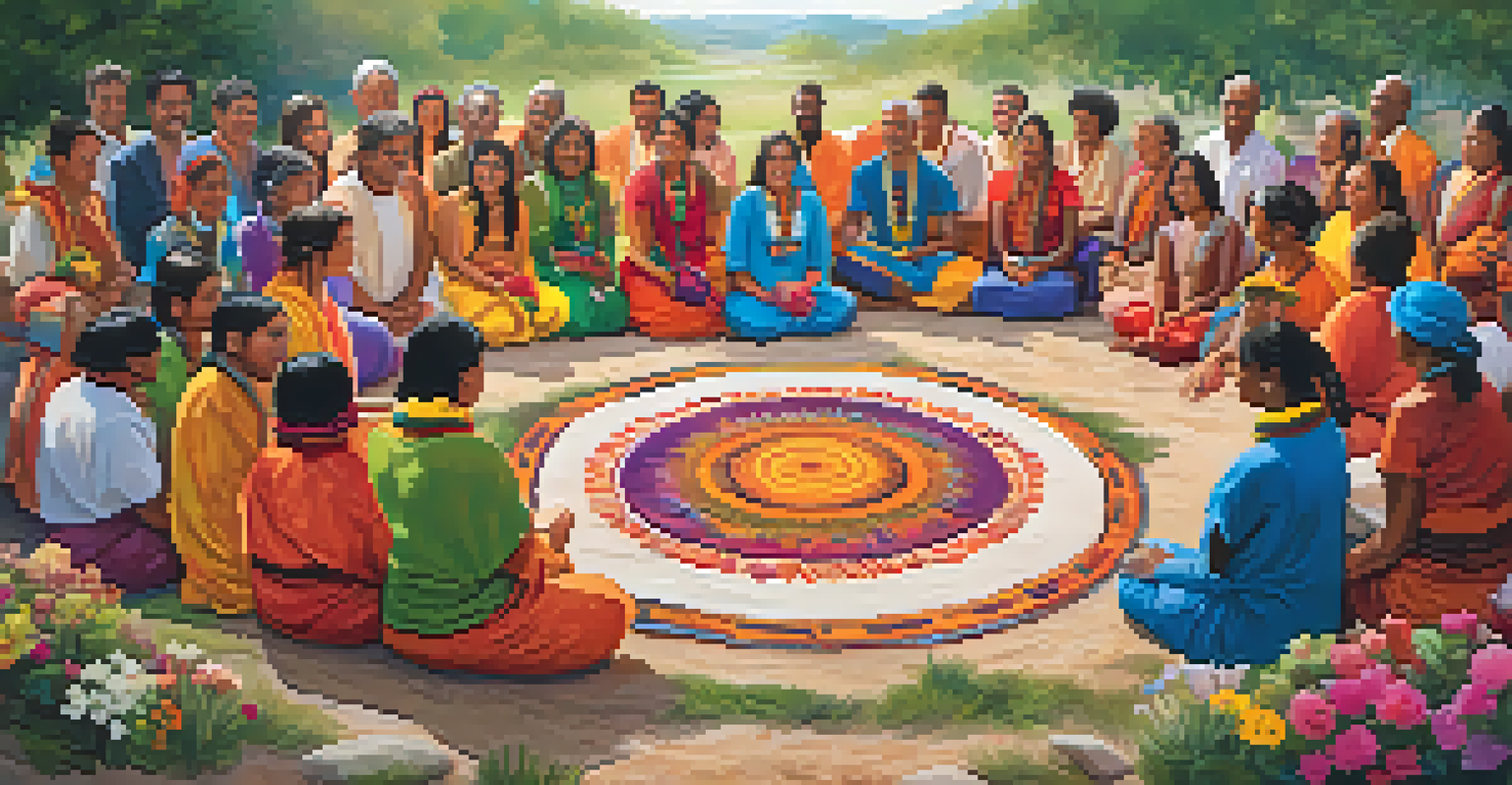 A diverse group of people in a ceremonial circle outdoors, celebrating with decorations and natural elements, showing joy and connection.