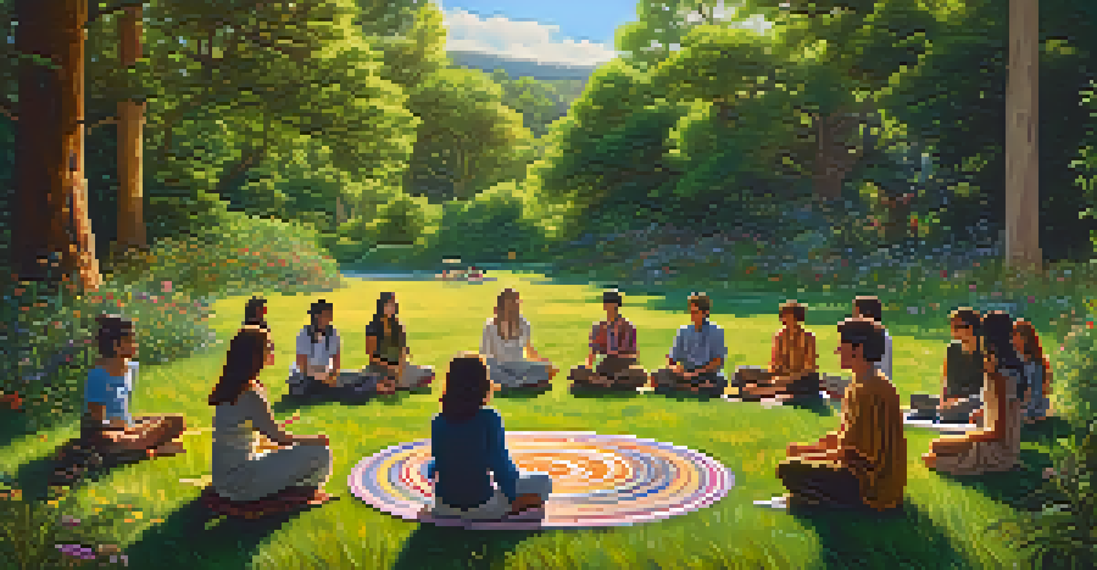 A serene gathering of individuals in nature, participating in a psychedelic ceremony, surrounded by greenery and soft sunlight filtering through trees.