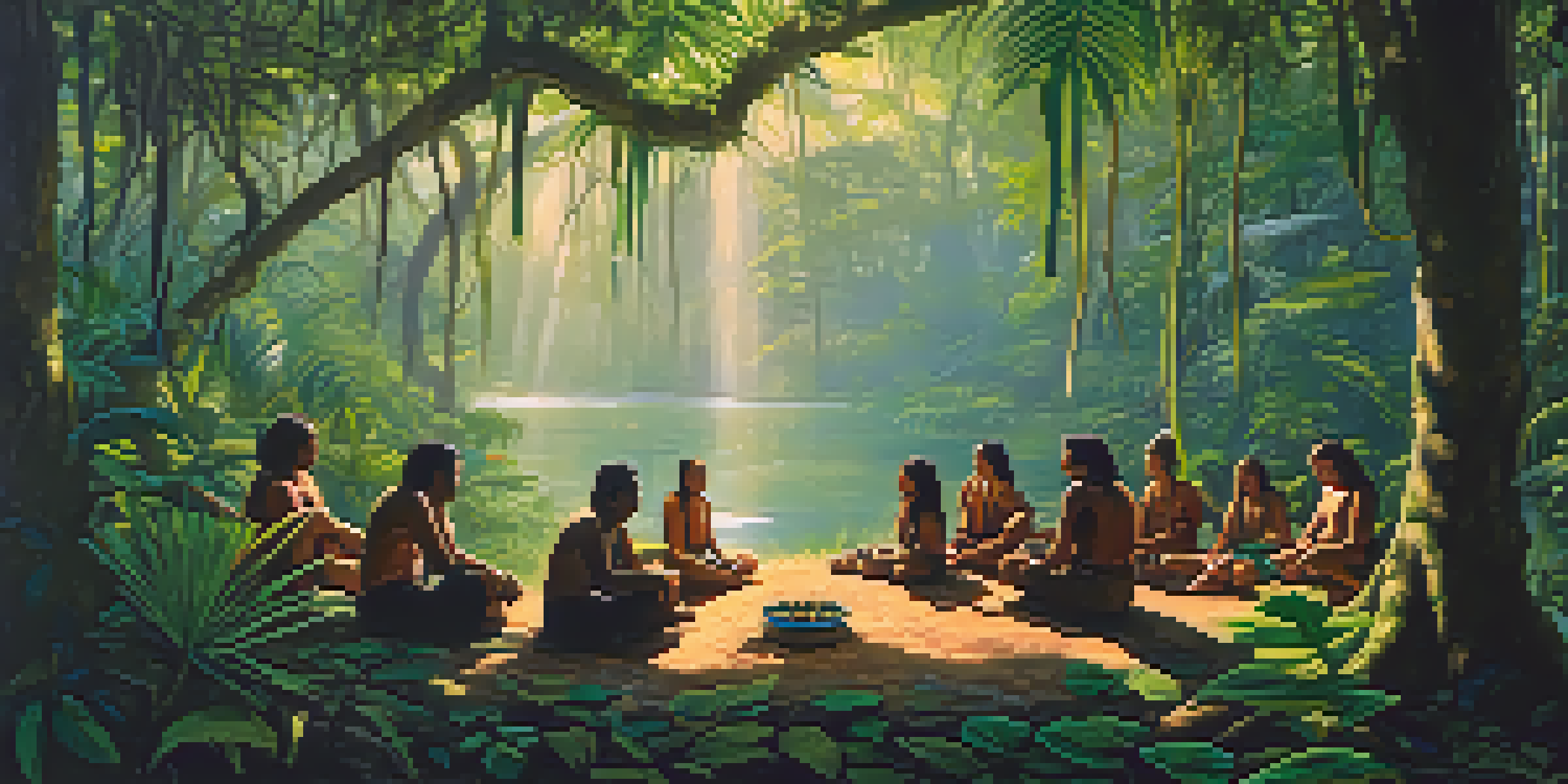 A peaceful scene in the Amazon jungle with indigenous people in a ceremonial gathering, surrounded by greenery and softly filtered sunlight.