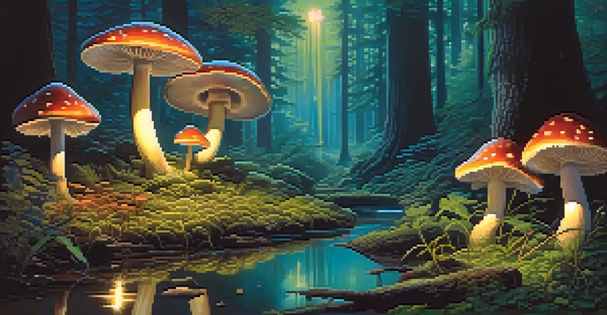A tranquil forest filled with glowing mushrooms under moonlight, with a reflective stream in the background.