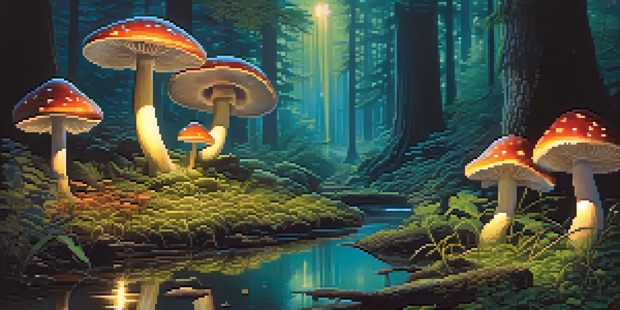 A tranquil forest filled with glowing mushrooms under moonlight, with a reflective stream in the background.