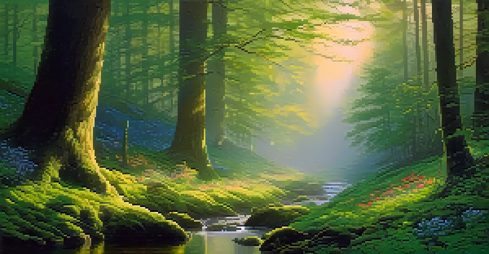 A peaceful forest at dawn with mist, sunlight filtering through trees, and a stream reflecting the light.