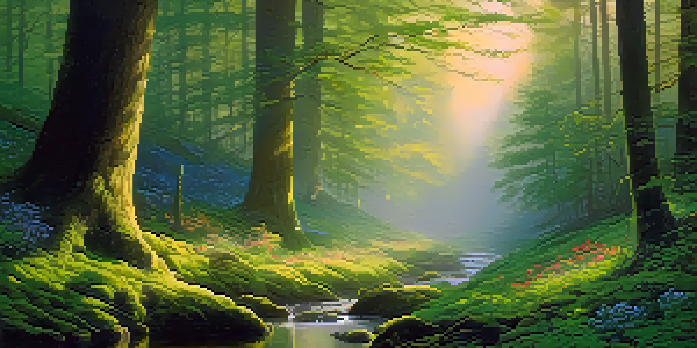 A peaceful forest at dawn with mist, sunlight filtering through trees, and a stream reflecting the light.
