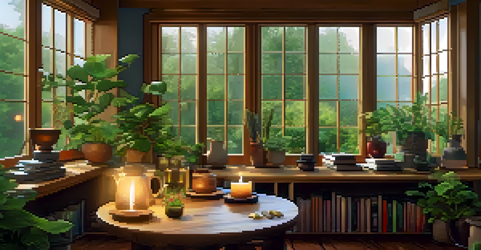 A cozy room with a view of a garden, featuring a table with books, candles, and a cup of herbal tea.