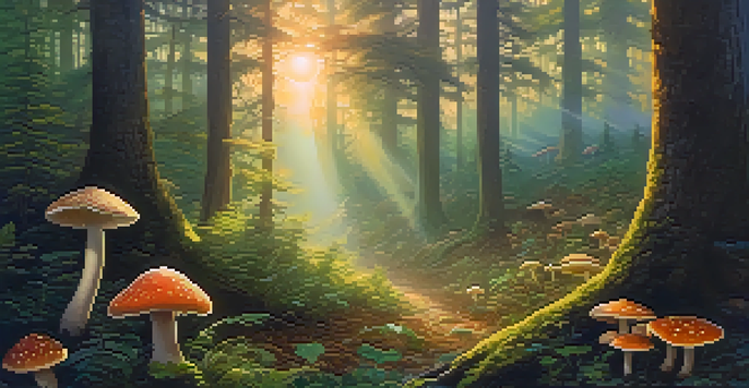 A peaceful forest at sunrise with mist and colorful mushrooms in a clearing, illuminated by soft golden light.