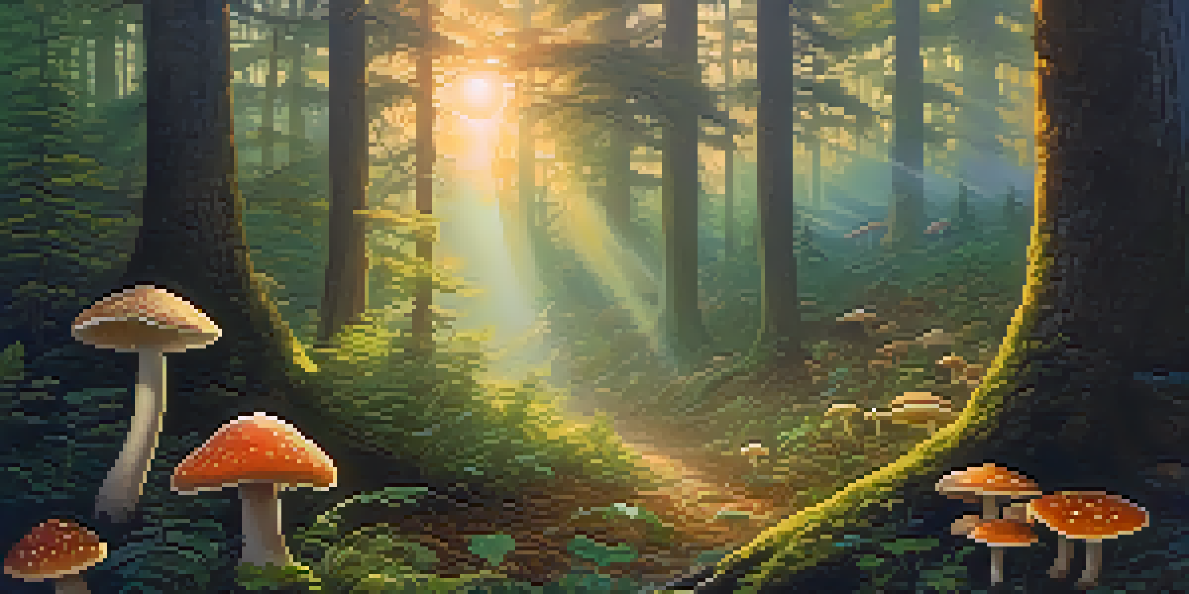 A peaceful forest at sunrise with mist and colorful mushrooms in a clearing, illuminated by soft golden light.