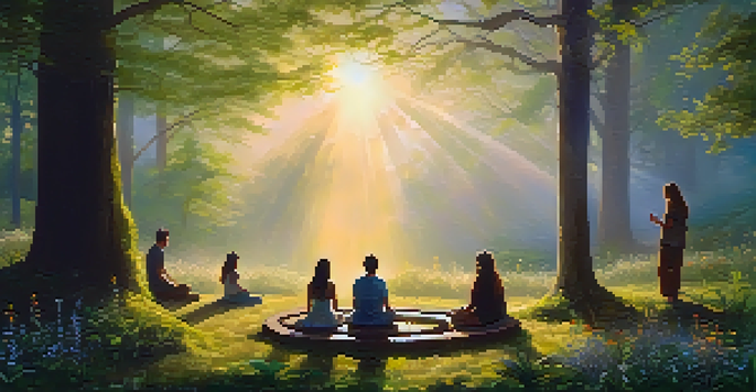 A peaceful forest scene with people meditating in a circle, surrounded by mist and sunlight filtering through trees.