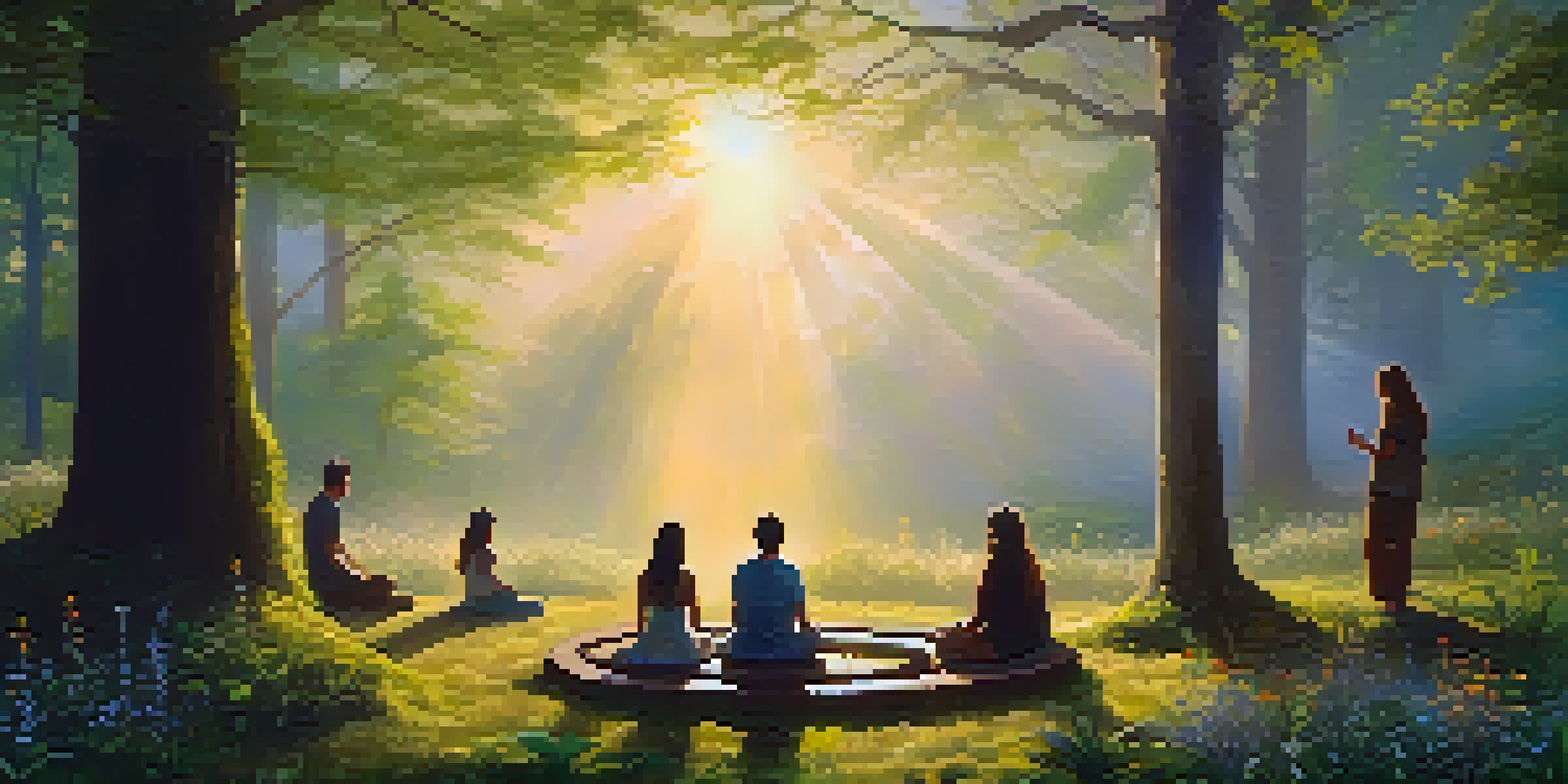 A peaceful forest scene with people meditating in a circle, surrounded by mist and sunlight filtering through trees.