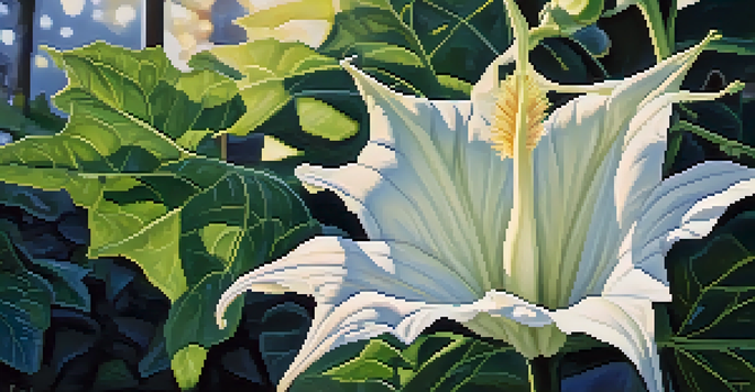 Close-up view of a vibrant Datura flower with intricate petals, illuminated by soft sunlight, against a blurred garden background.
