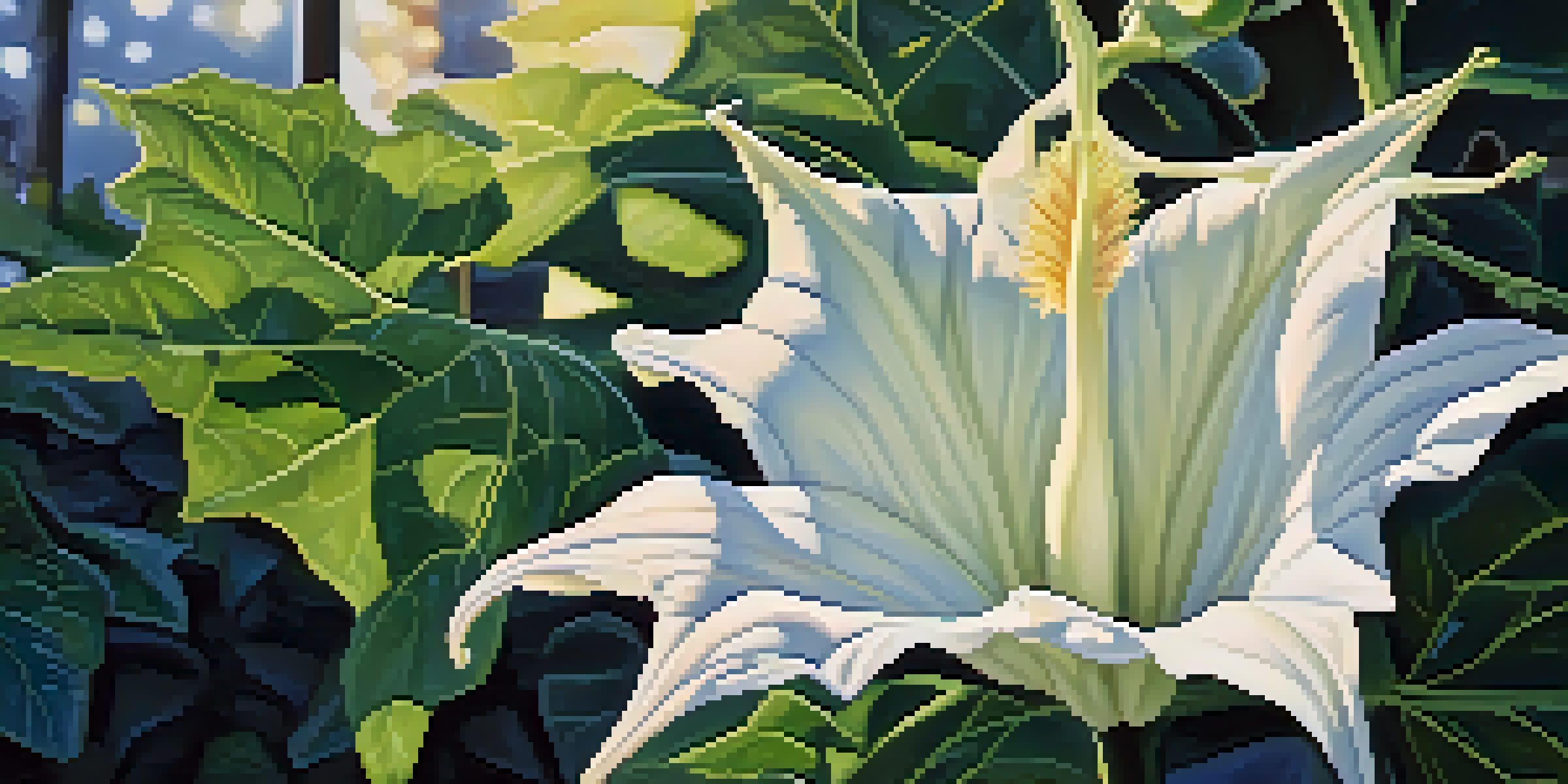 Close-up view of a vibrant Datura flower with intricate petals, illuminated by soft sunlight, against a blurred garden background.