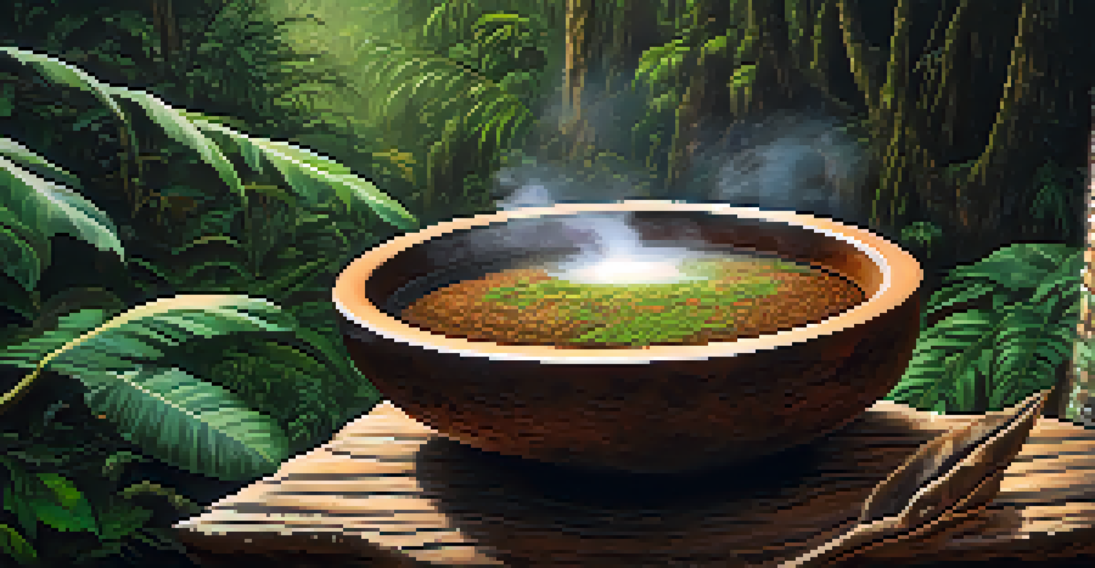 A close-up view of a steaming Ayahuasca brew in a rustic clay bowl, set against a blurred backdrop of the Amazon jungle.