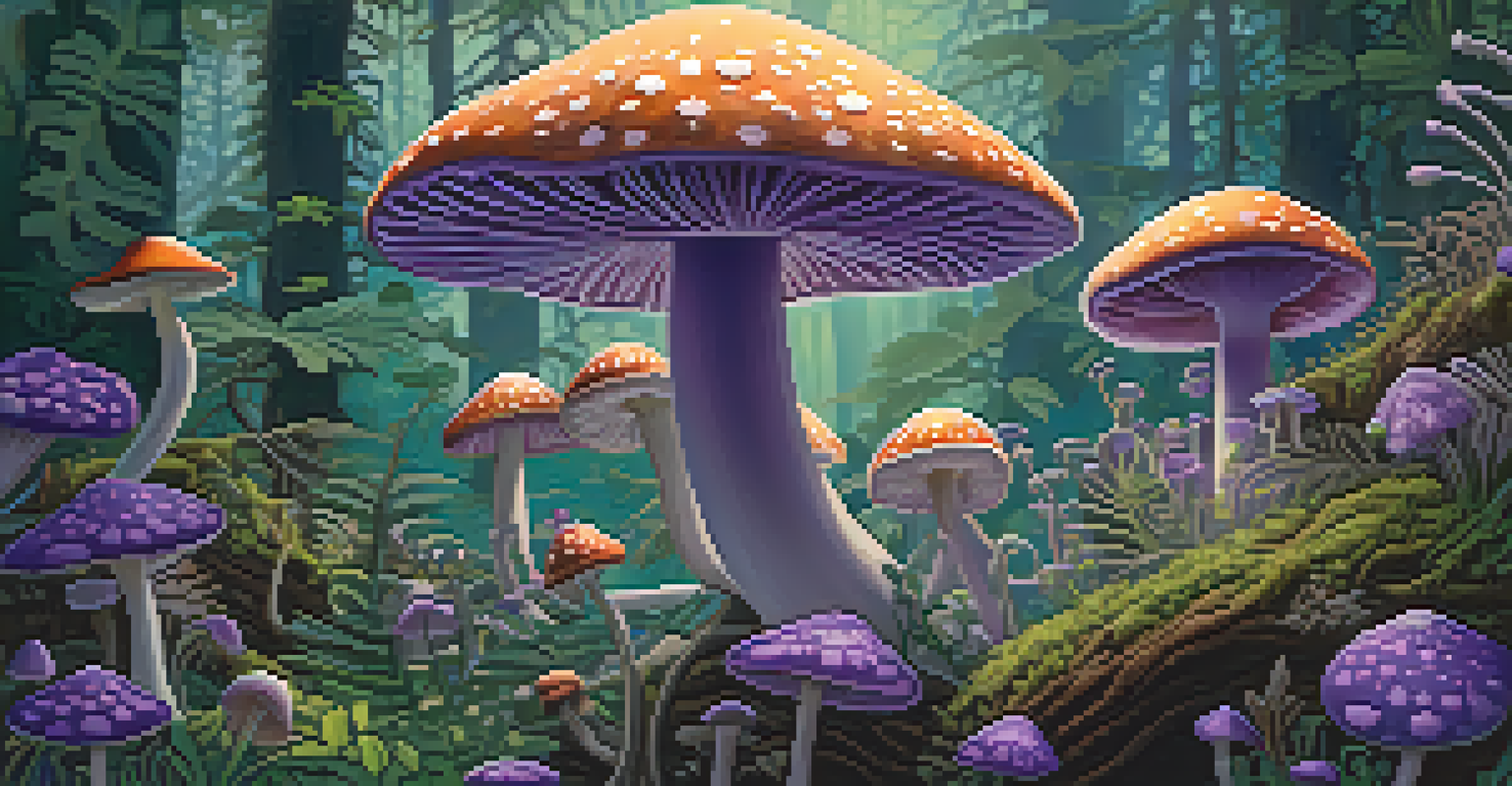 A close-up view of psilocybin mushrooms and ayahuasca vines entwined with flowers, set against a softly blurred background with warm colors and sunlight filtering through.