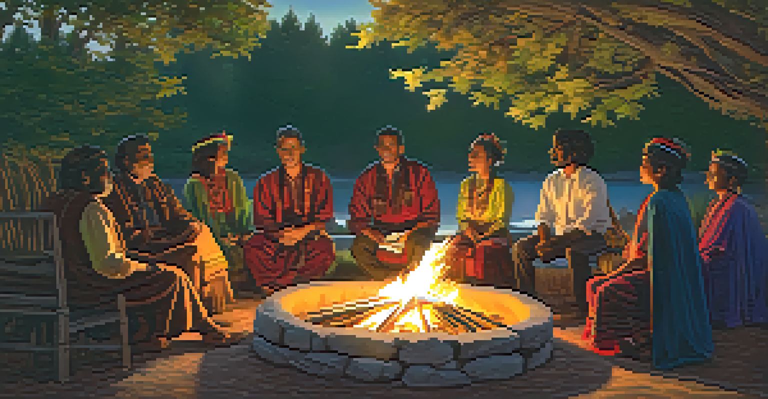 A close-knit group of people around a ceremonial fire in a natural setting, wearing traditional attire and surrounded by nature.