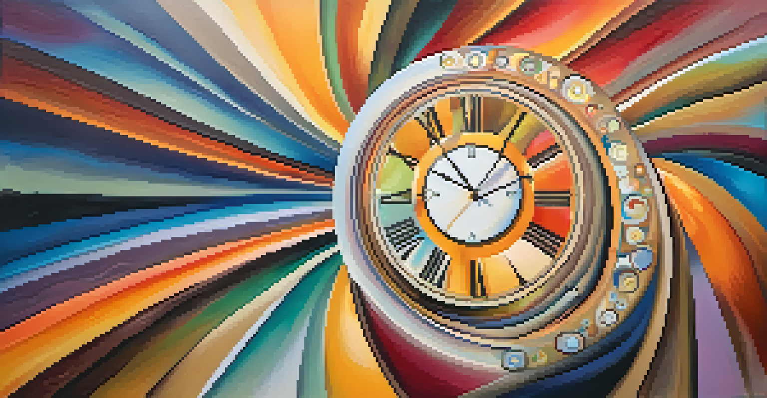 An abstract image of a swirling clock face with vibrant colors, symbolizing fluidity of time perception.