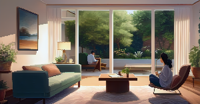 A peaceful therapy room with warm lighting, a couch, and a therapist interacting with a client, alongside a garden view outside the window.