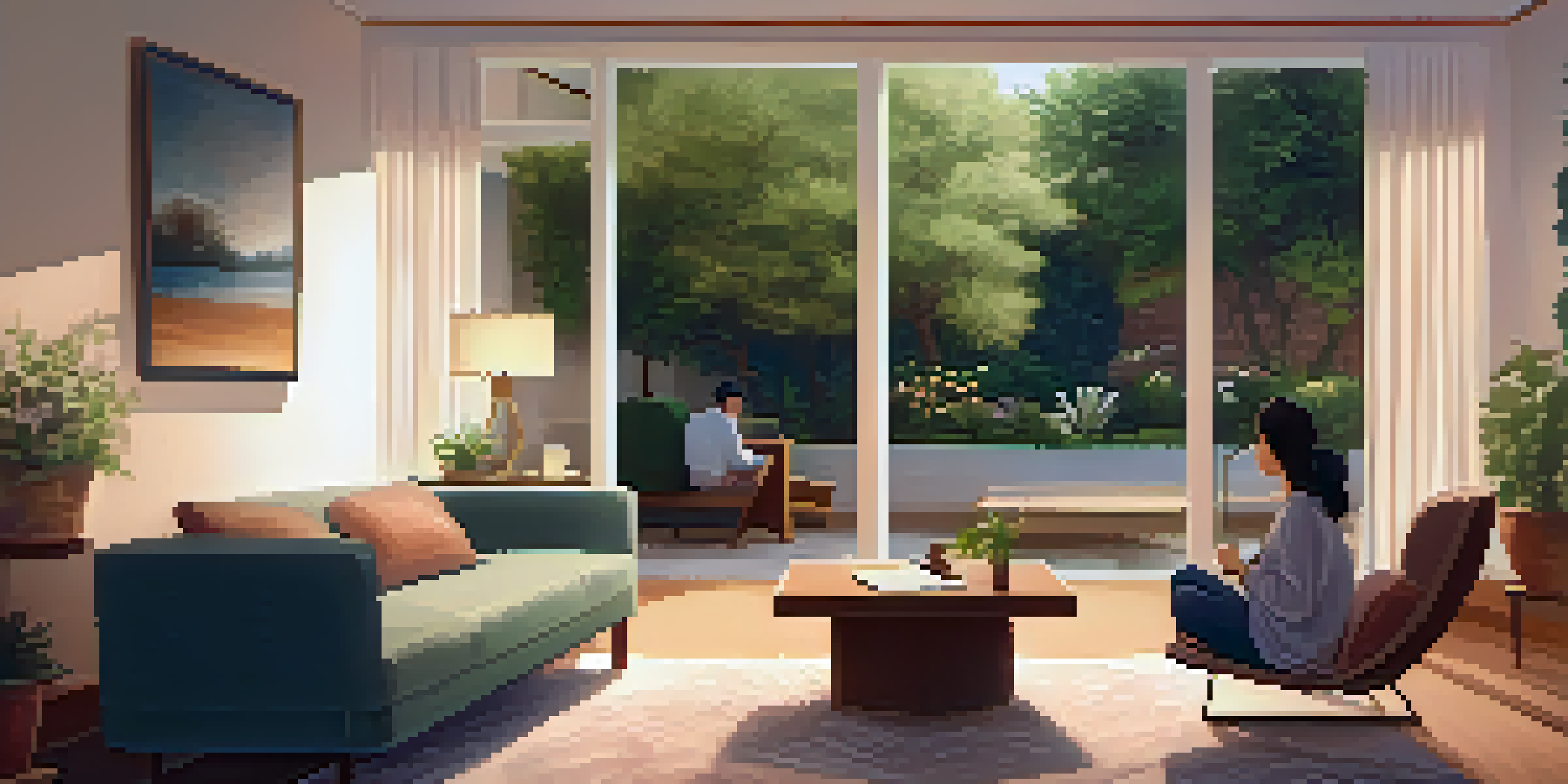 A peaceful therapy room with warm lighting, a couch, and a therapist interacting with a client, alongside a garden view outside the window.