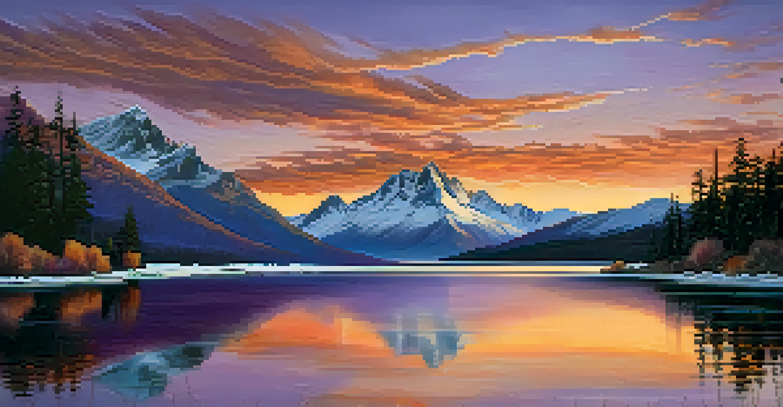A beautiful sunrise over mountains with a reflective lake in the foreground, conveying tranquility.