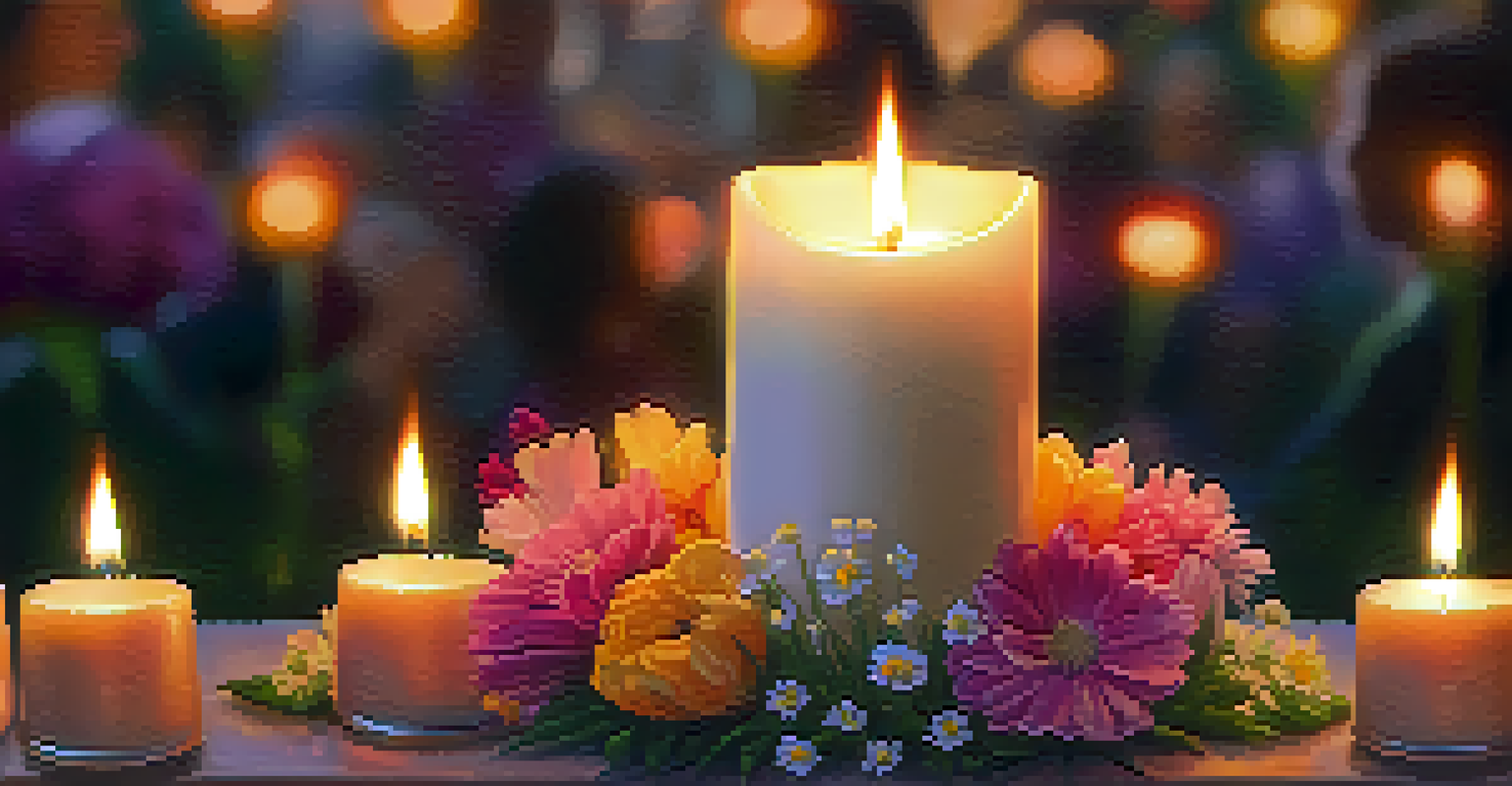 A close-up of a lit candle surrounded by colorful flowers and small offerings, symbolizing hope and remembrance at a memorial gathering.