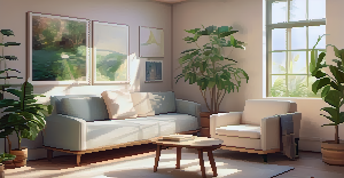 A peaceful therapy room with soft lighting, a couch, plants, and calming artwork, creating a tranquil environment for healing.