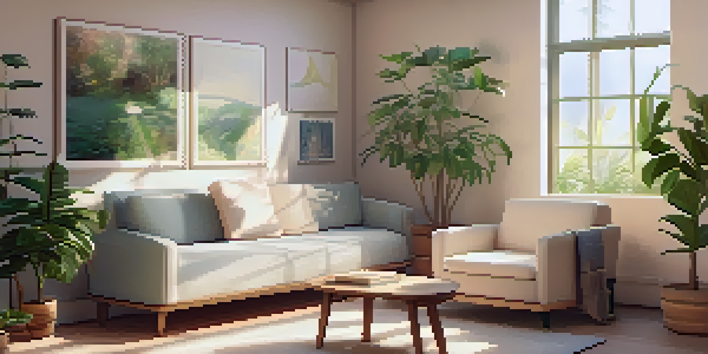 A peaceful therapy room with soft lighting, a couch, plants, and calming artwork, creating a tranquil environment for healing.