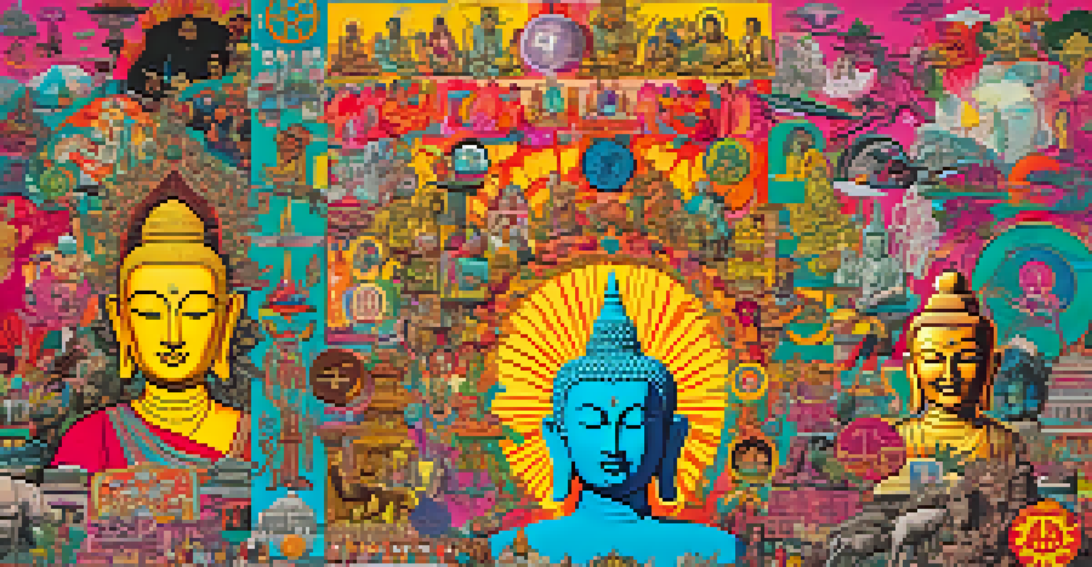 A colorful collage showcasing the blend of Eastern philosophies and Western counterculture with symbols of peace and psychedelic art.