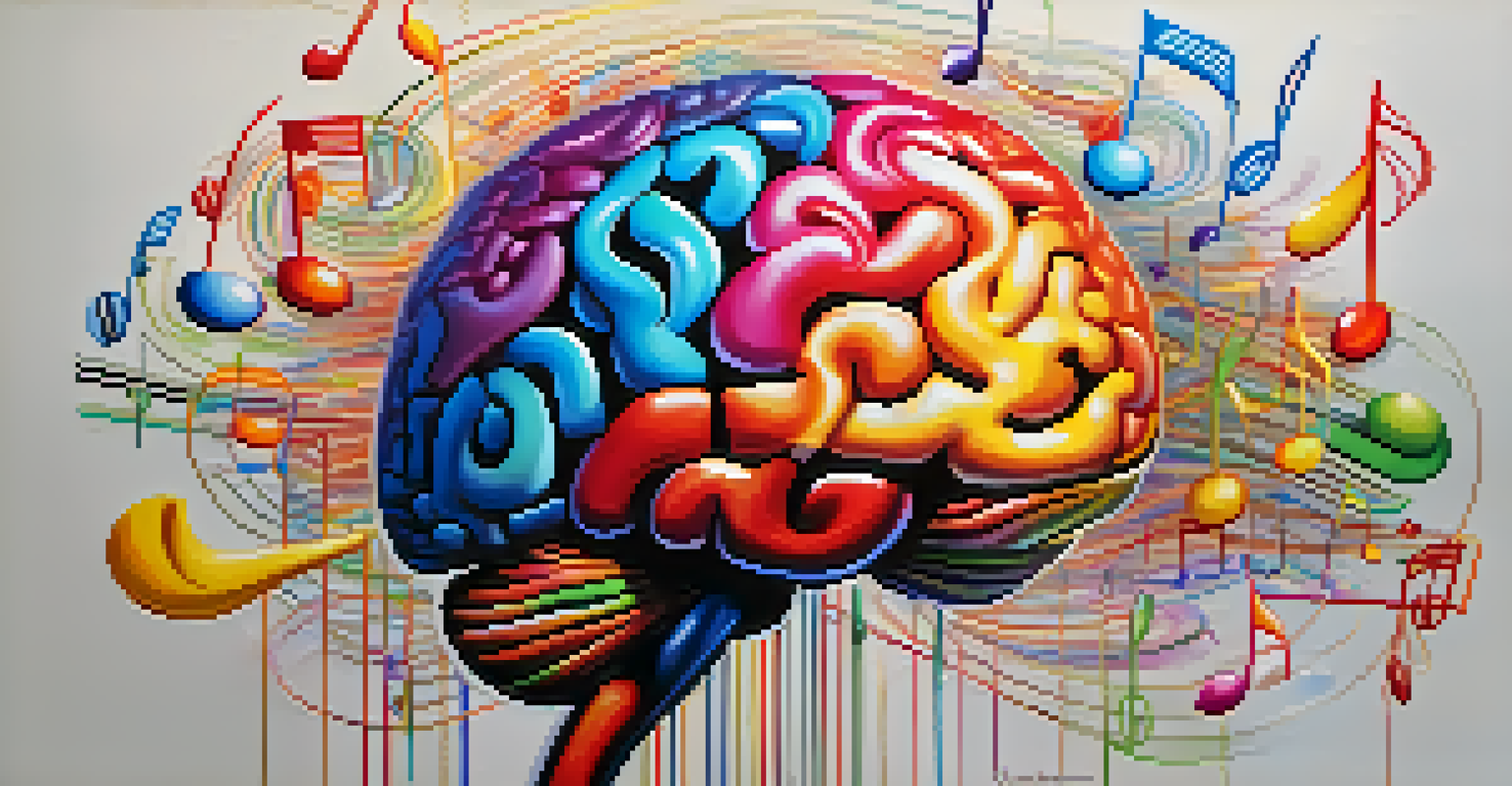 An abstract image of a brain with colorful musical notes and swirling colors, representing creativity and inspiration.