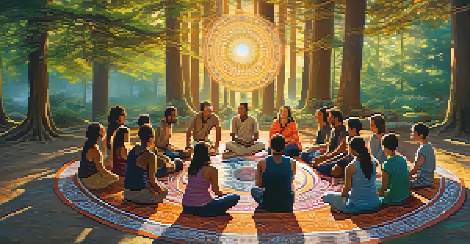 A vibrant scene of a communal gathering with participants sitting around a colorful mandala, engaged in discussions, surrounded by natural light filtering through trees.