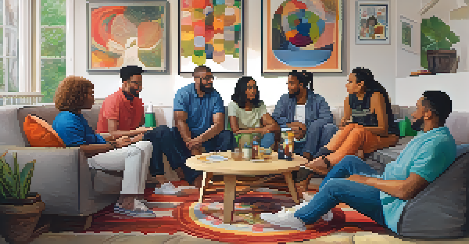 A diverse group of people sitting in a circle, sharing experiences in a cozy and colorful environment.
