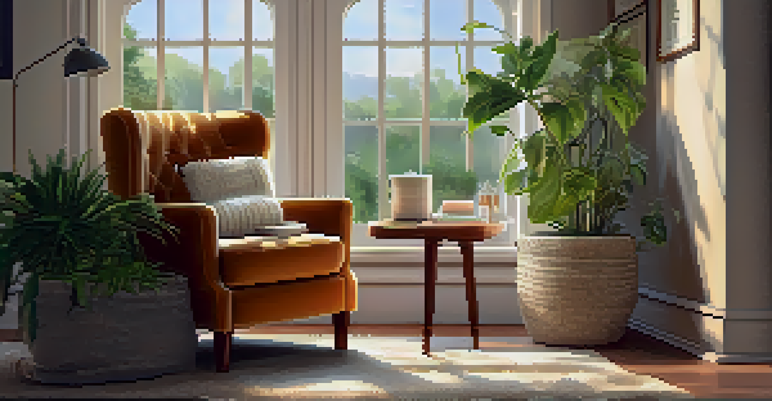A cozy reading nook with an armchair, books, and sunlight creating a warm atmosphere.