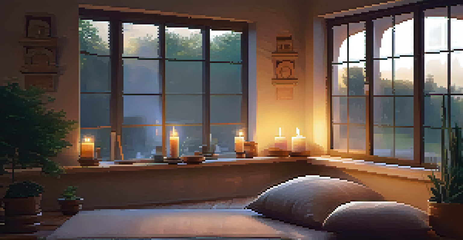 An inviting meditation space with cushions, candles, and soft lighting, overlooking a lush garden with incense smoke in the air.