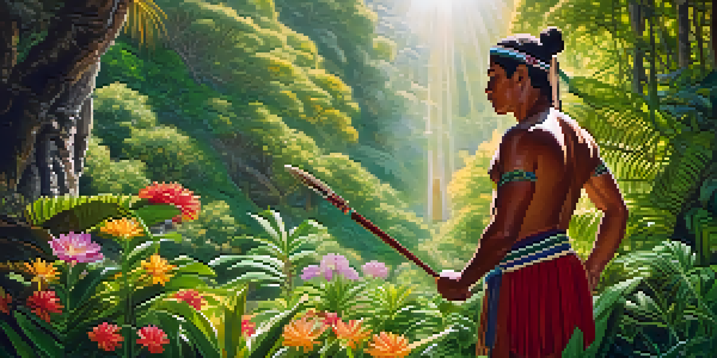 An ancient Mesoamerican athlete in traditional attire prepares for competition in a lush green forest, with sunlight filtering through the trees and vibrant flowers around.