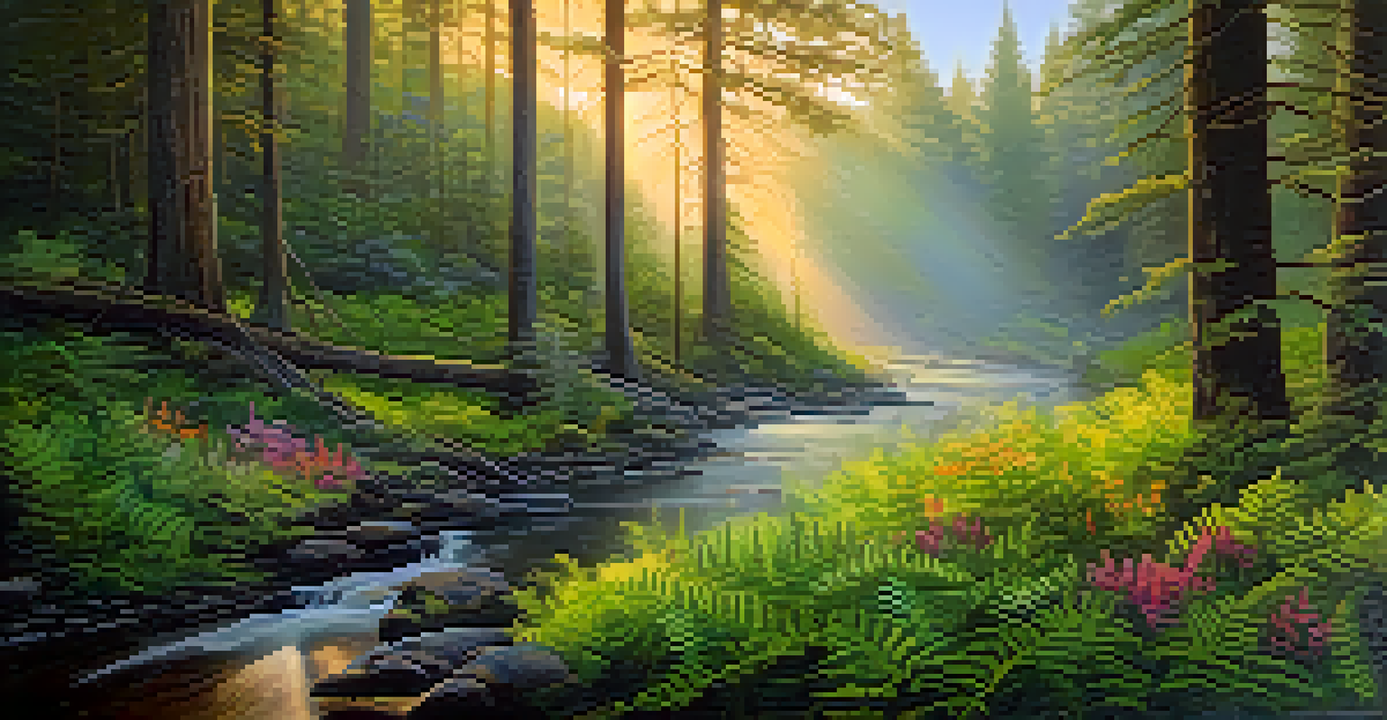 A peaceful forest at sunrise with sunlight filtering through trees, green ferns, and a small stream reflecting the light.