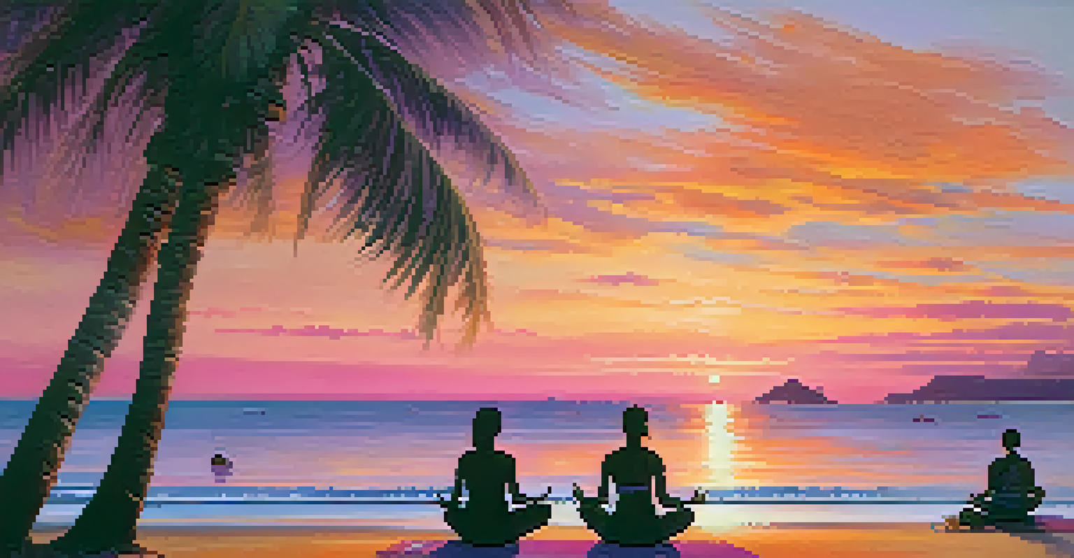 A sunset beach scene with people practicing yoga, palm trees, and a vibrant sky of oranges and purples.