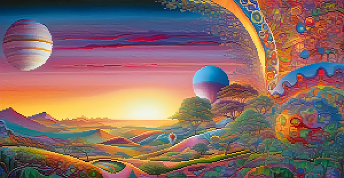 A colorful surreal landscape with fractal patterns and abstract shapes under a twilight sky.