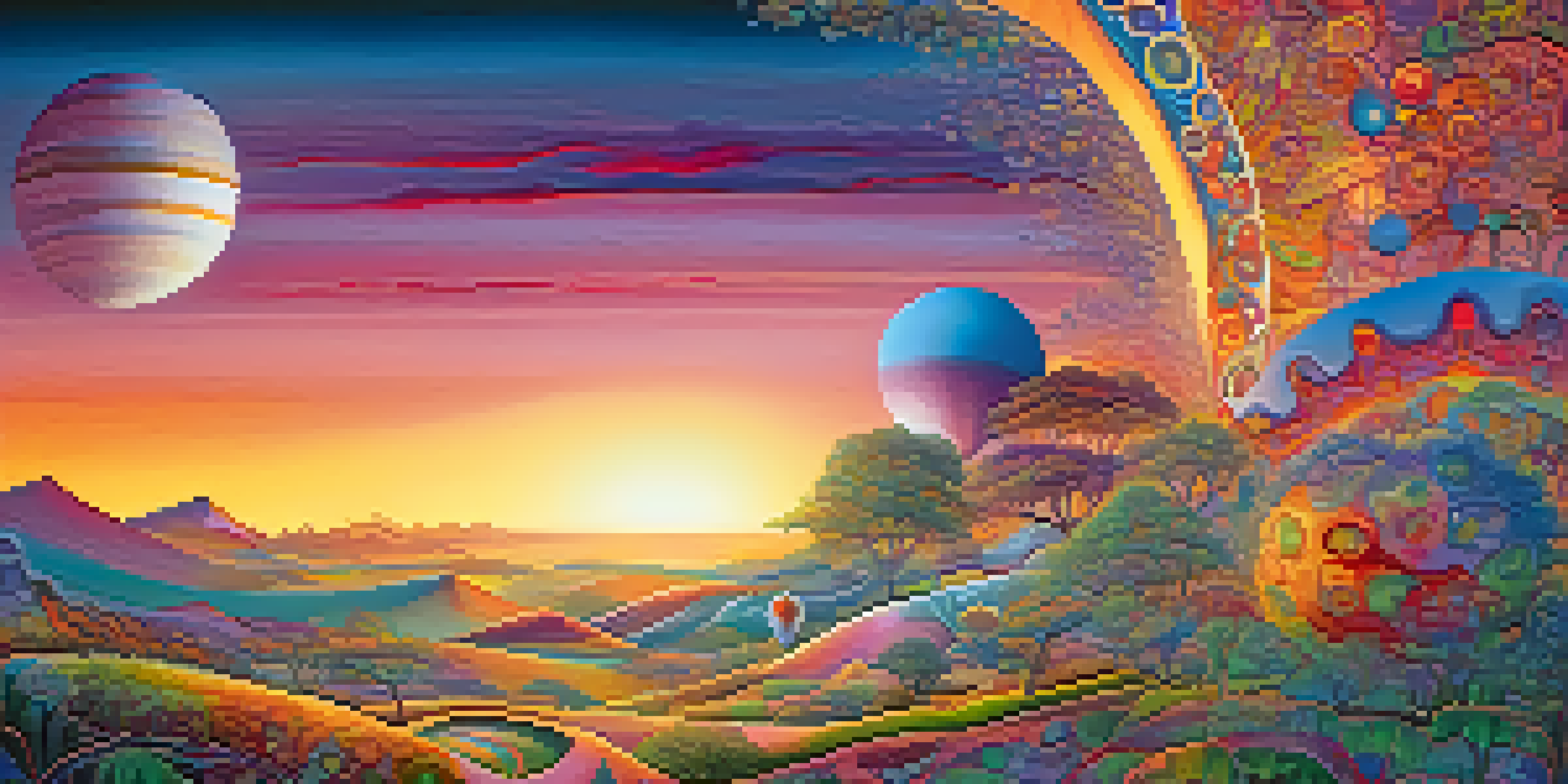 A colorful surreal landscape with fractal patterns and abstract shapes under a twilight sky.