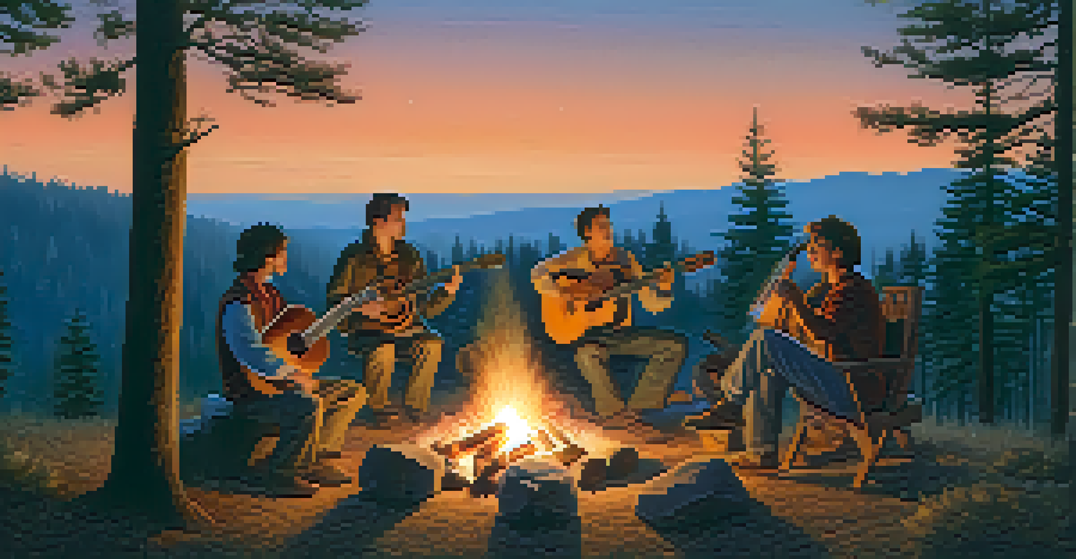 A group of people around a campfire at twilight, holding musical instruments, with a forest and starry sky in the background.