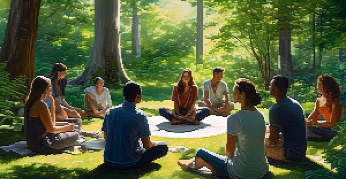 A group of diverse individuals sitting in a circle at an outdoor retreat, surrounded by greenery and sunlight.