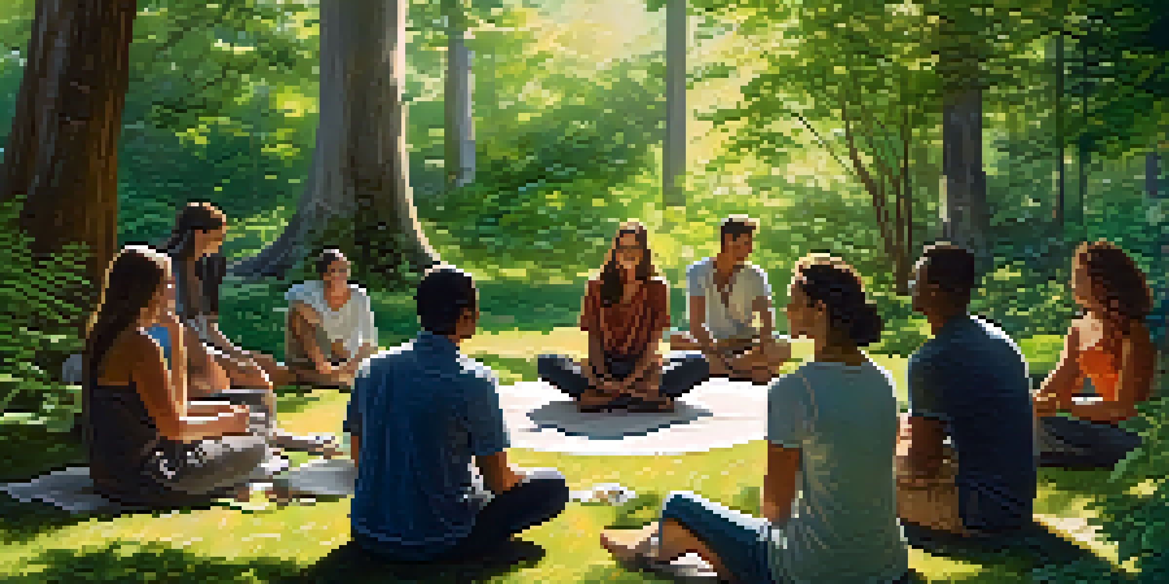 A group of diverse individuals sitting in a circle at an outdoor retreat, surrounded by greenery and sunlight.
