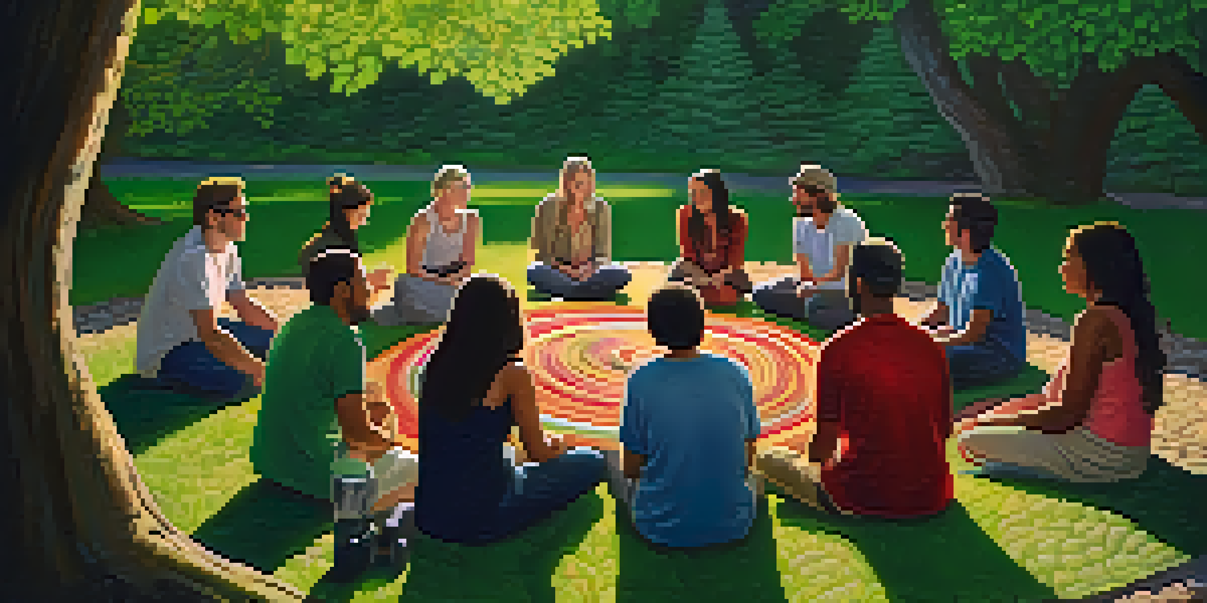 A diverse group of people sitting in a circle on colorful blankets in a forest, discussing entheogenic experiences with sunlight filtering through the trees.