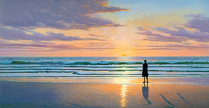 A person standing on the beach at sunset, arms open wide, with colorful waves and a peaceful ocean in the background.