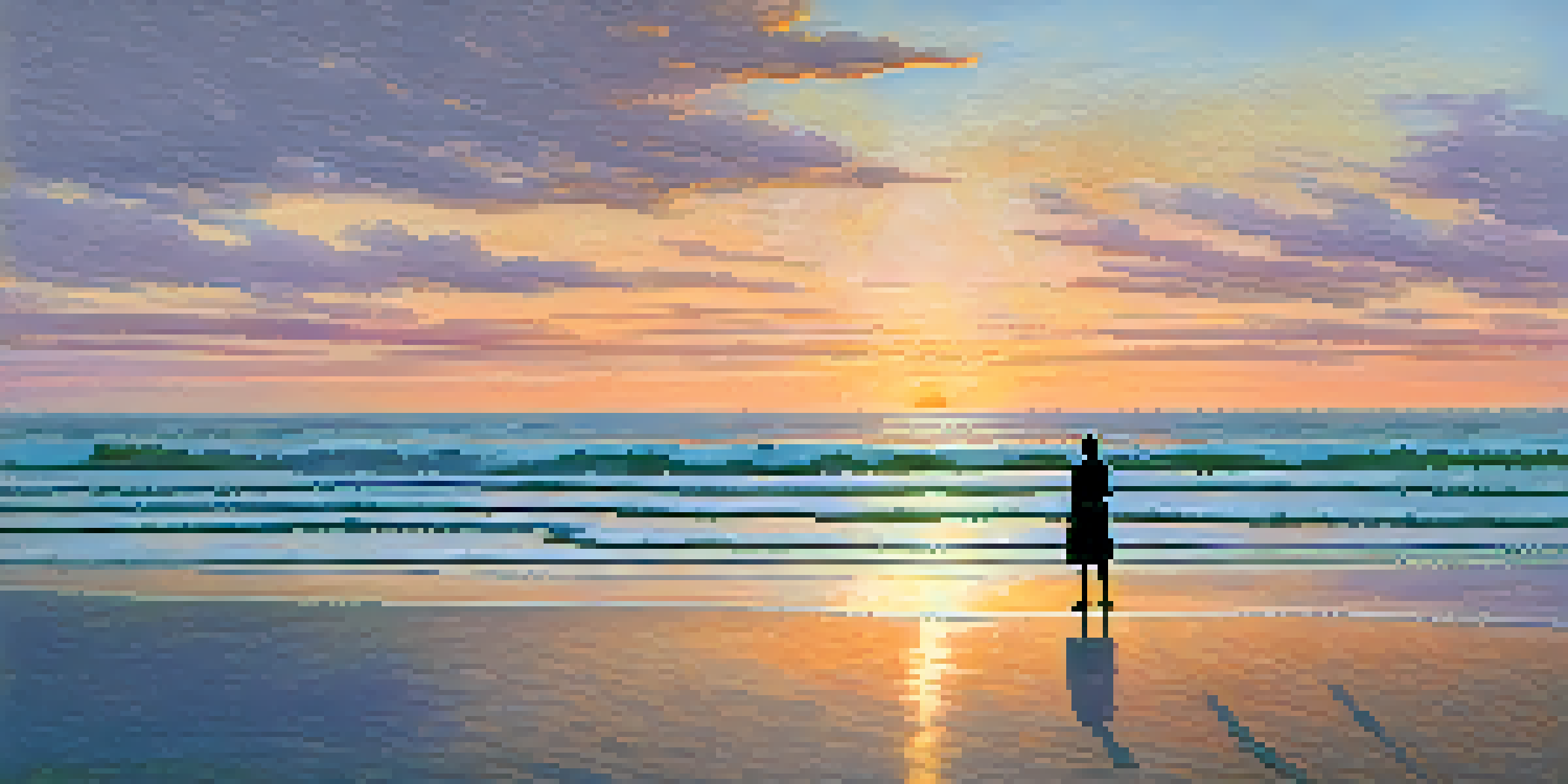 A person standing on the beach at sunset, arms open wide, with colorful waves and a peaceful ocean in the background.