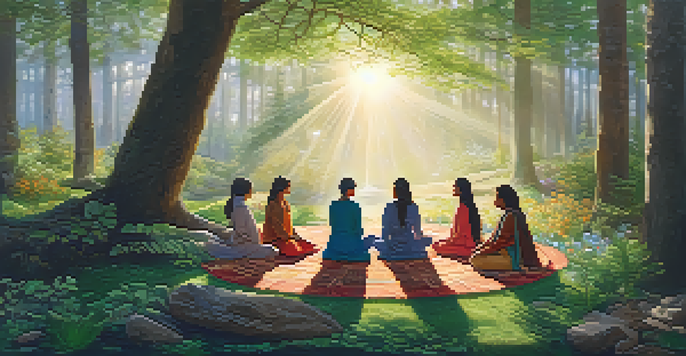 A diverse group of women meditating in a forest at dawn, surrounded by flowers and stones.
