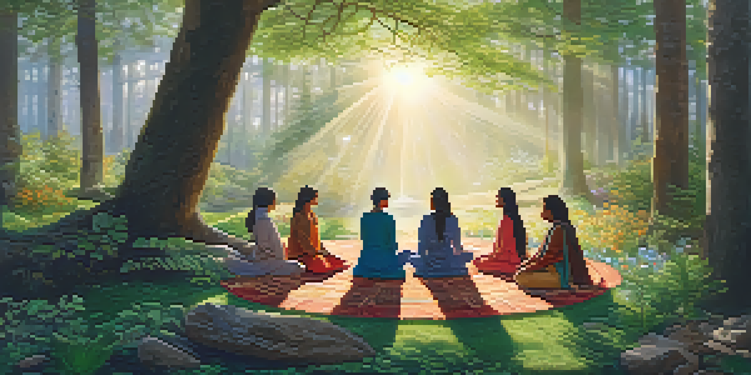 A diverse group of women meditating in a forest at dawn, surrounded by flowers and stones.