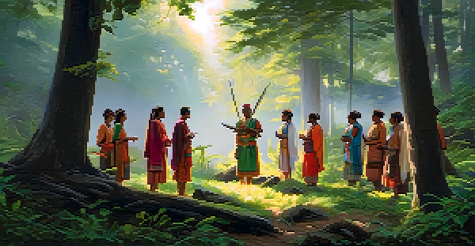 A peaceful forest clearing at dawn with indigenous people in traditional attire participating in a ceremony, surrounded by trees and soft light.
